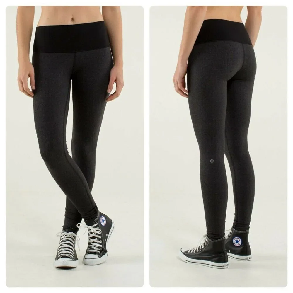 LULULEMON Wunder Under Wee Stripe Heathered Black Leggings Luon RARE Roll Down 6